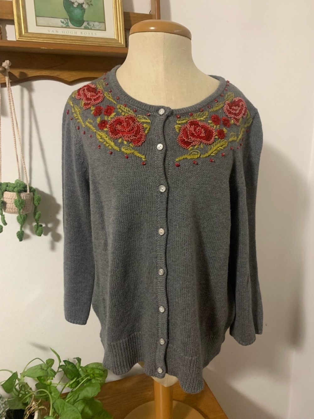 J. Jill Cardigan Gray Cardigan with Embroidered Roses and Beading Cotton Blend S